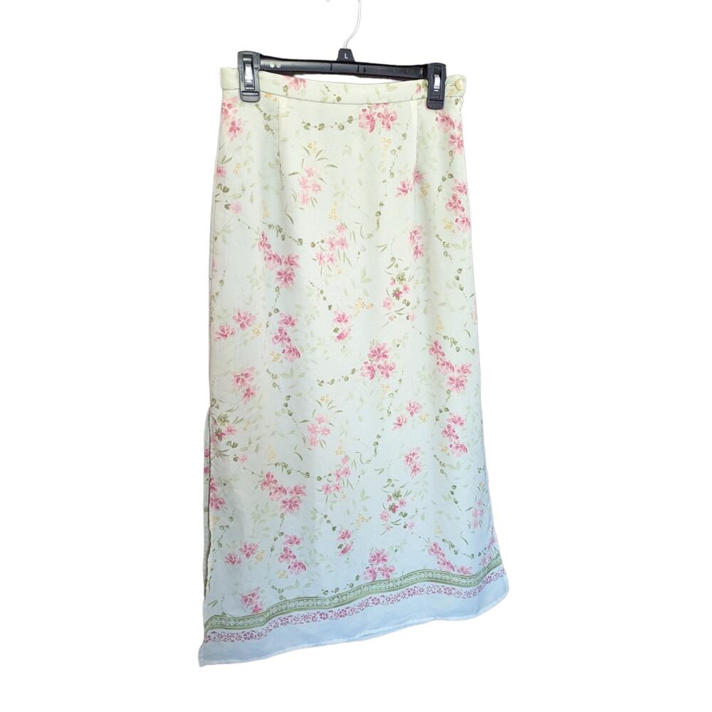 Villager Liz Claiborne Light Green Floral Side Zip Maxi Skirt Size 6